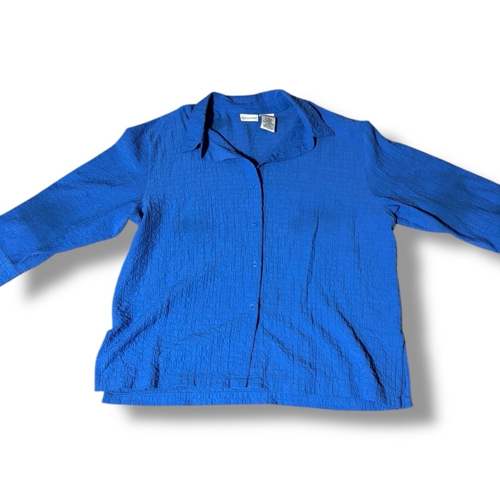 White Stag Royal Blue 3/4 Sleeve Collared Textured Loose Fit Button Down Shirt - Picture 7 of 15
